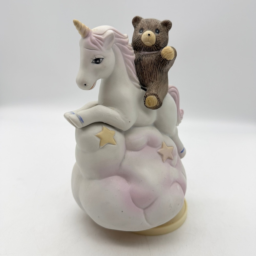 VTG Unicorn Musical Figurine teddy bear nursery Porcelain Cloud Stars Decor